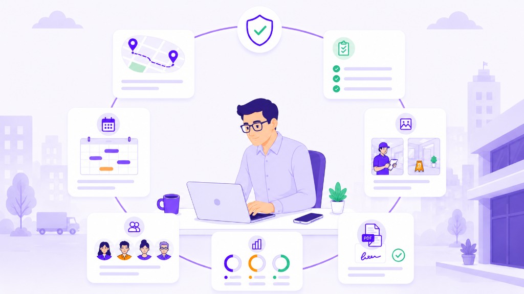 Illustration Squoad — professionnel détendu entouré de widgets planification, cartographie, preuves et reporting, symbole d'un logiciel simple à adopter